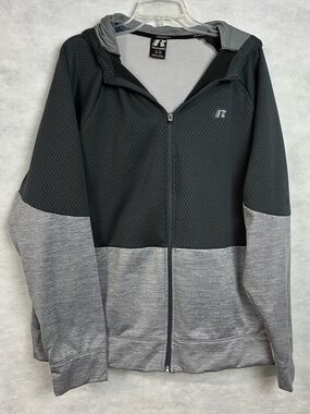 Russell Tech Fleece Hoodie Jacket Gray Black Mens Sz XL Full Zip Pockets Flaw